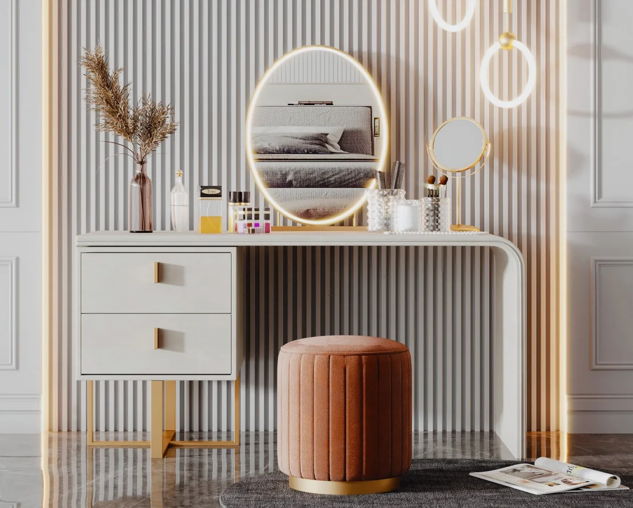 Modern light luxury white wood simple dresser mirror makeup chair bedroom furniture series