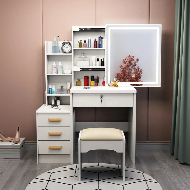 Wholesale Bedroom Dressers Furniture Wood Stool Dressing Table Mirrored Vanity Makeup Table With Lights