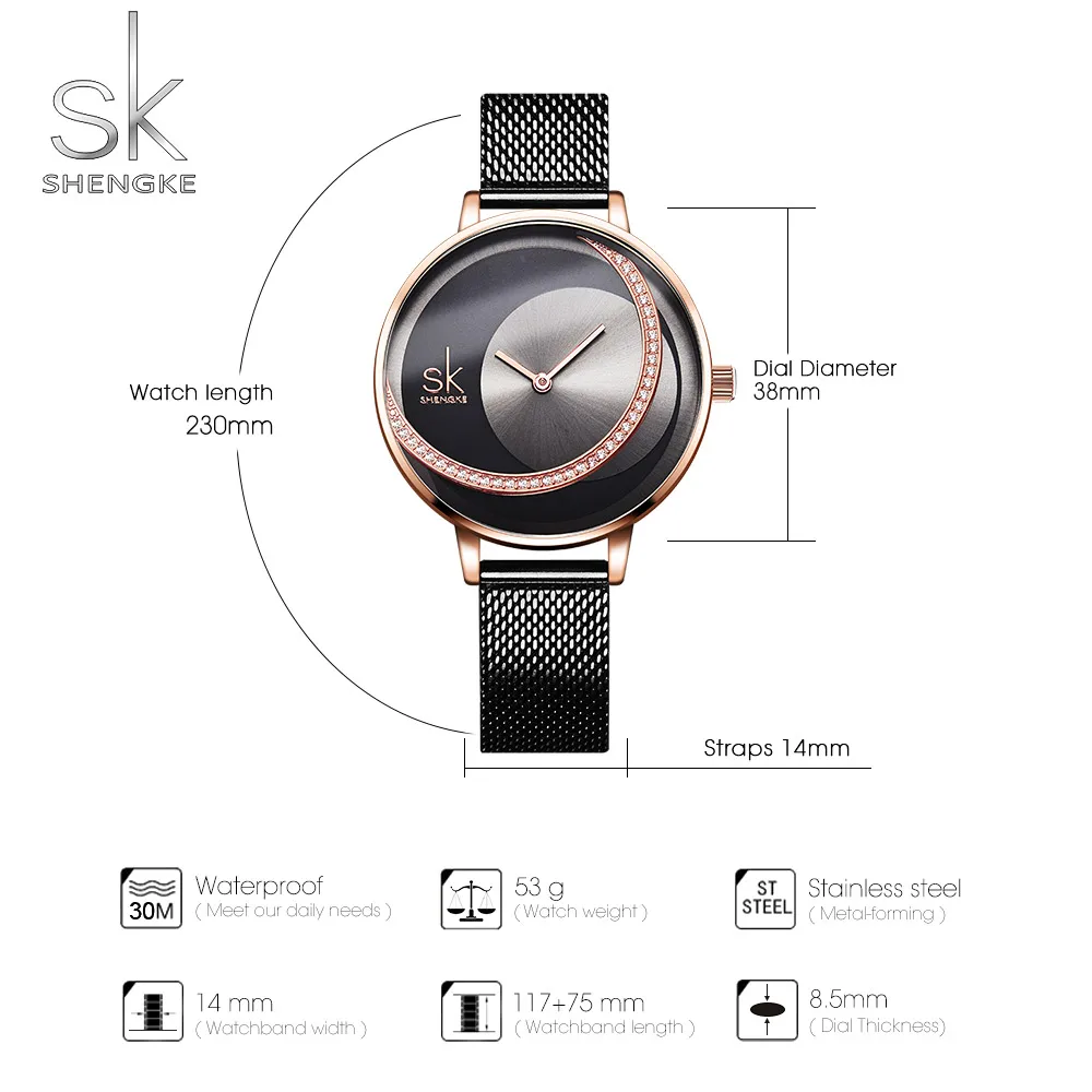  SHENGKE часы женские креативные черные сетчатые кварцевые Relogio Feminino Montre Femme