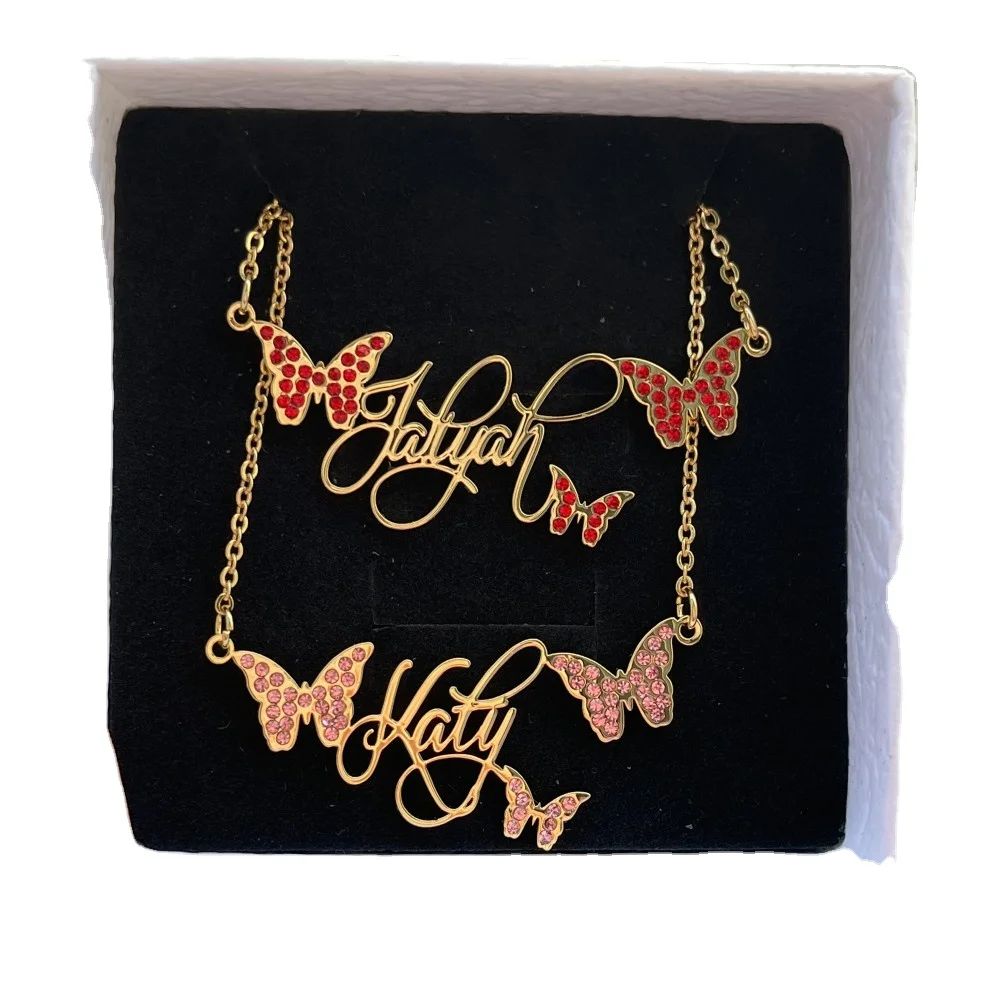 QIUHAN Personalized Nameplate with Colorful Zircon Necklace Stainless Steel Custom Butterfly Name Necklace