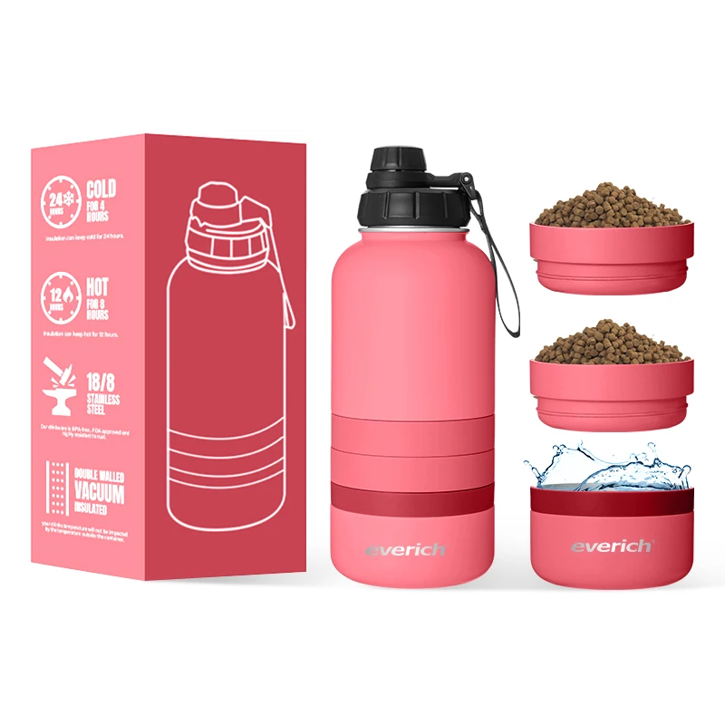 304 stainless steel dog water bottle 4 in1 32oz single wall Pet Water Bottle with food water container Portable Outdoor