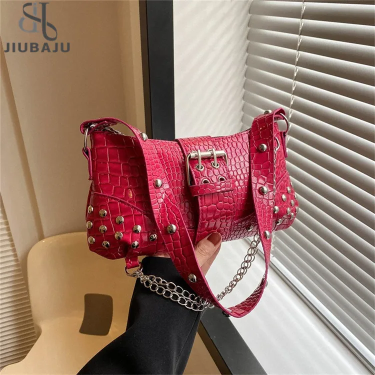 Women Fashion Shoulder Bag Gothic Ladies Bag Cool Style Trendy Rock Y2K Rivet Chain Girls Handbag