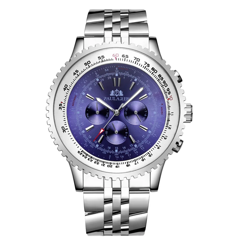 
PAULAREIS Men Automatic Self Wind Mechanical Stainless Steel Strap Fashion Sports Blue Black White Big Dial 50mm Classic Watch 