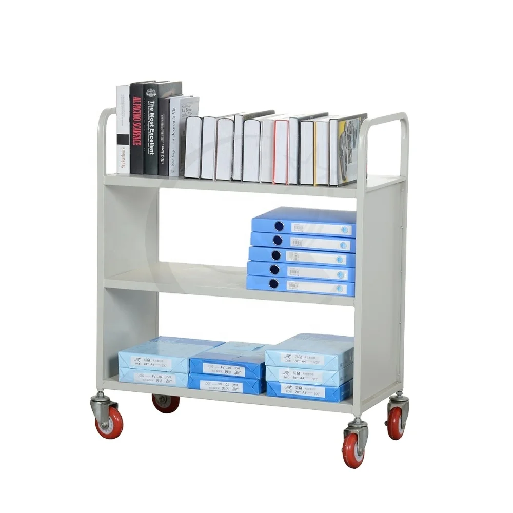 Wholesale Garage Mobile Movable 2-Tiers Shelves With End Stopper Heavy Duty Metal Library Furniture Trolley / Mobile Book Cart