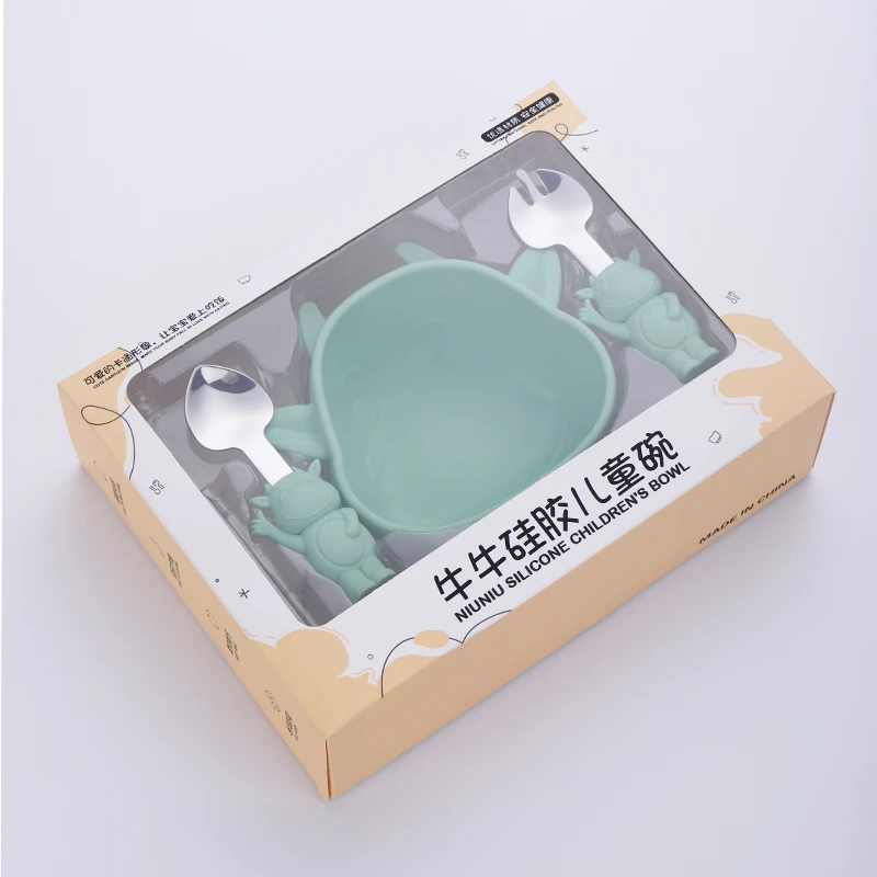 BPA Free Safety Cow Shape Trending Baby Eating Plate Fork and Spoon Bowl Baby Supplies Products Silicone Feeding Set