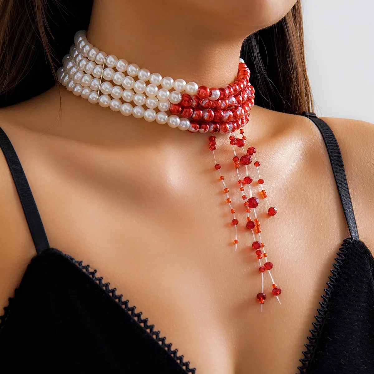 2024 New Arrival Fashion Cool Gothic Blood Drip Tassel Necklace Bracelet Halloween Beaded Choker Necklace Jewelry Set For Women