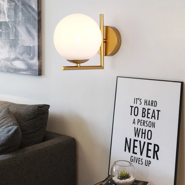 
Art Deco Indoor Decorative Gold Base White Globe Glass Ball Wall Lamp Sconce for Home Living Room 