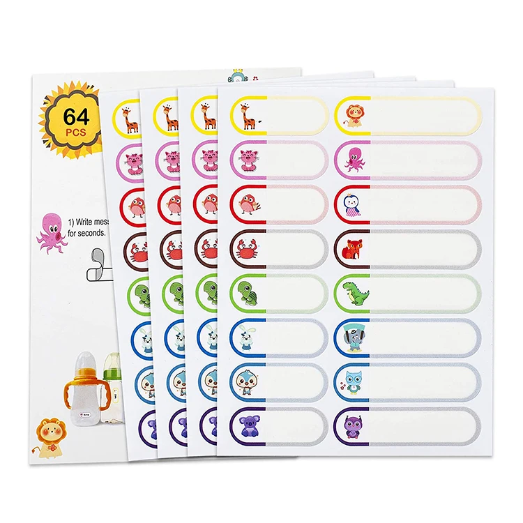 Cute designs water resistant cartoon decorative name label stickers for kids
