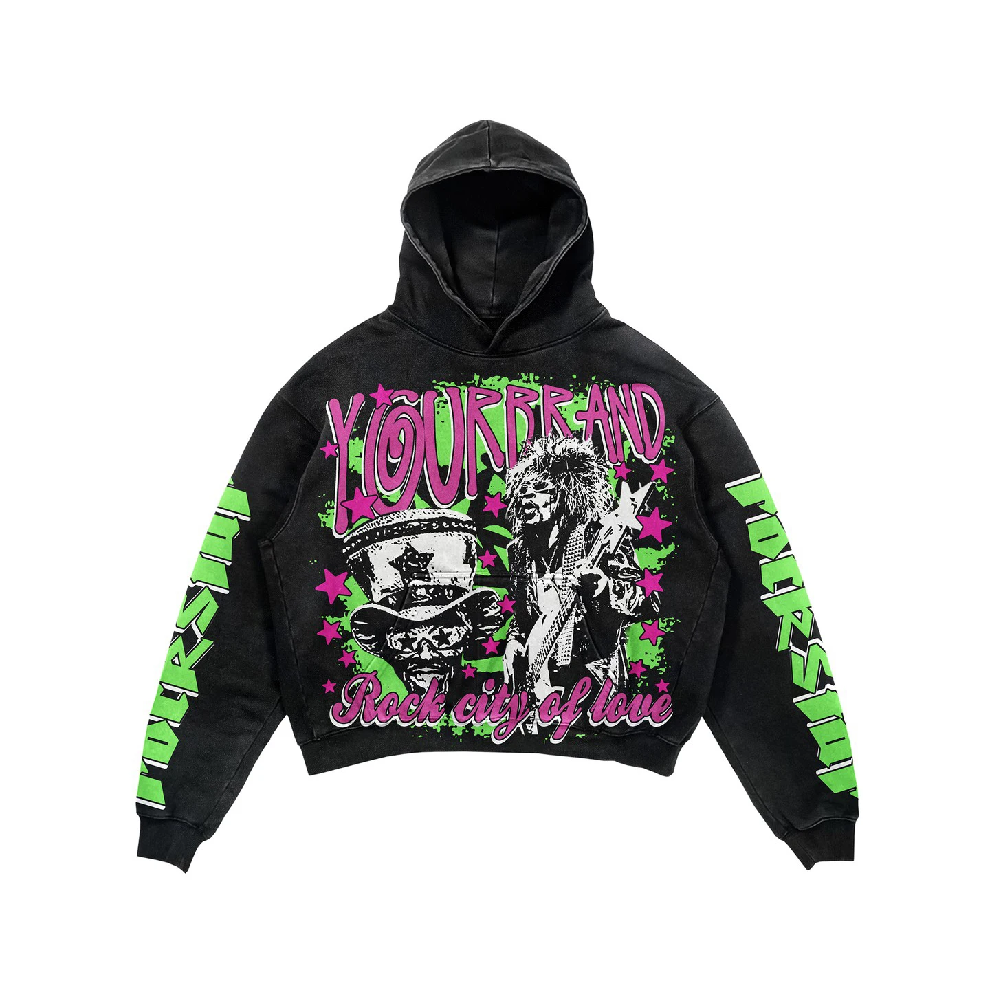 Customize Men Washed Fade Cotton Printed Boxy Fit Heavy Vintage Cropped Streetwear Heavy Weight Black Hoodie