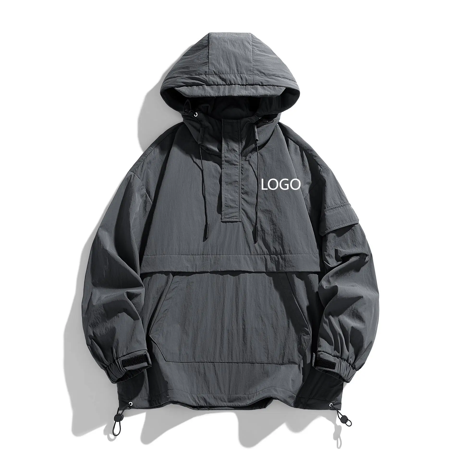 Custom Autumn Nylon Starter Front Pocket Vintage Hood Jacket Light Weight Waterproof Windbreaker Pullover Jacket For Men