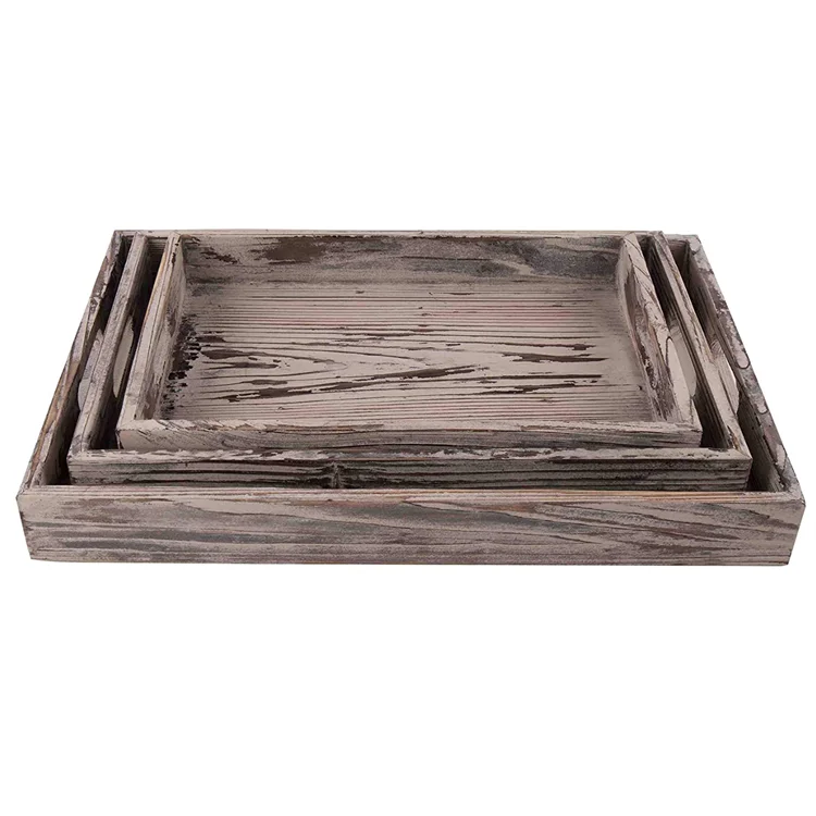 Vintage Farmhouse Decorative Kitchen Natural Wooden  Nesting Serving Tray Rectangle Breakfast Tray with Cut Out Handles