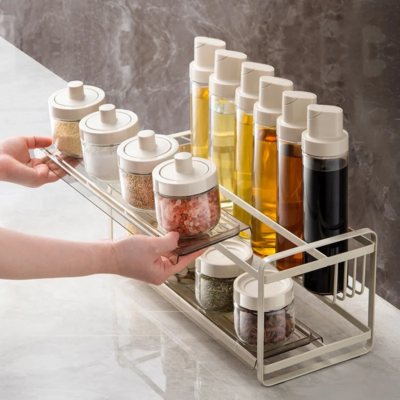 Kitchen Storage 11piece Oil and Vinegar Bottle Set with Stainless Steel Rack and Glass Spice Jar Set