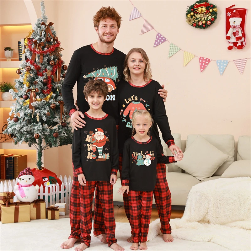 Parent-child Home Clothes Christmas Parent-child Sets Plaid Stitching Printed Sleepwear Christmas Pajamas for Family
