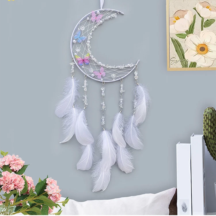 New Promotion Hot Style Handcrafted Macrame Crystal Indian Feather Dream Catcher Moon Butterfly