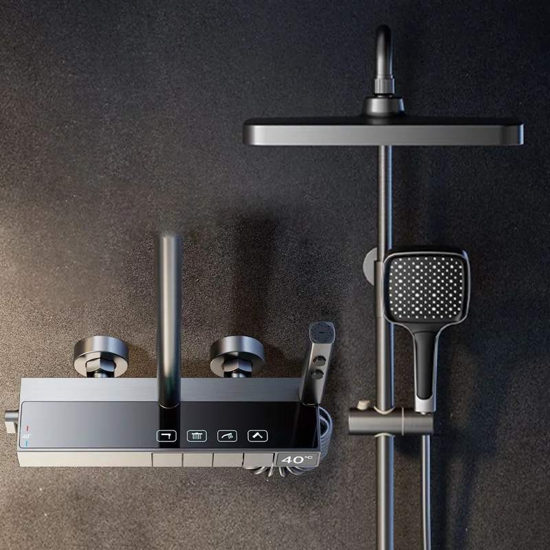 Copper gun gray constant temperature digital display shower head set household tempered glass panel shower mixing valve faucet