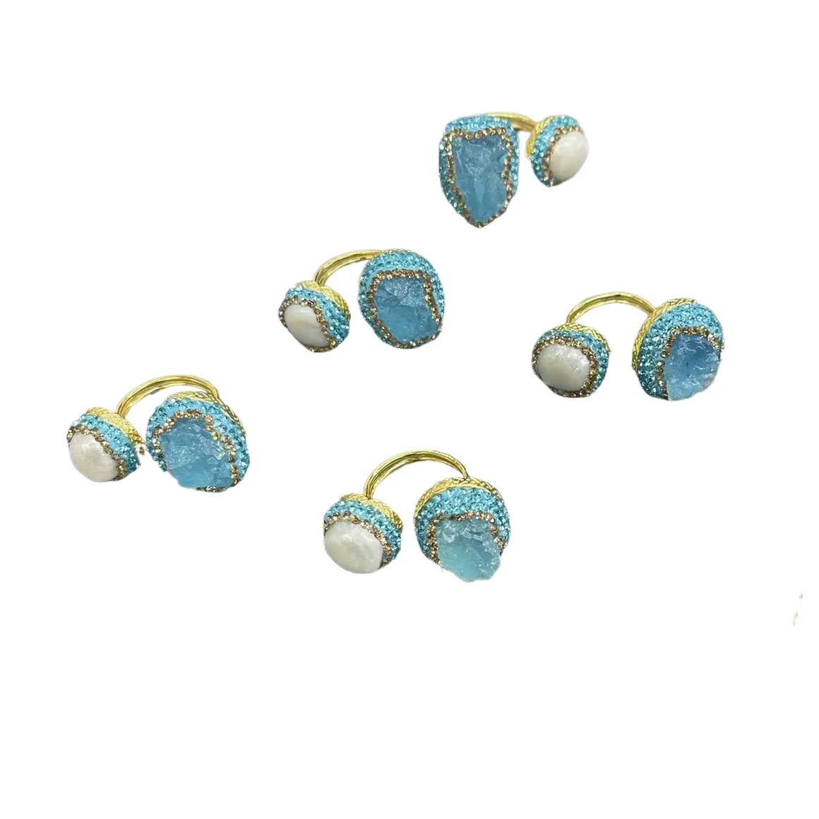 Aquamarine pearl clay inlaid open ring French original design natural stone ring
