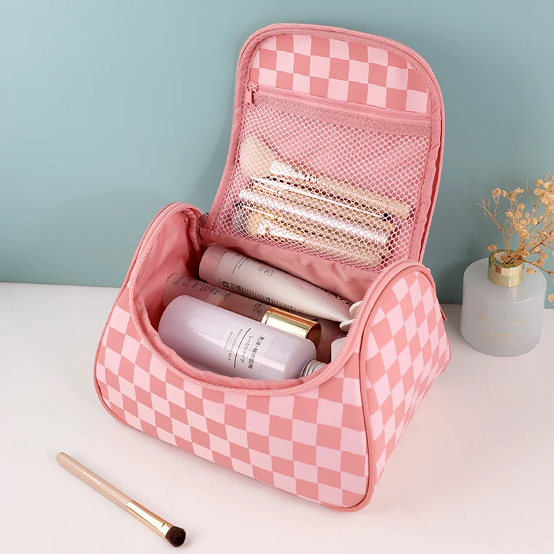 OEM Ciffnoo NO.10656 pink checkered printed Large capacity makeup storage nylon cosmetic bag with logo