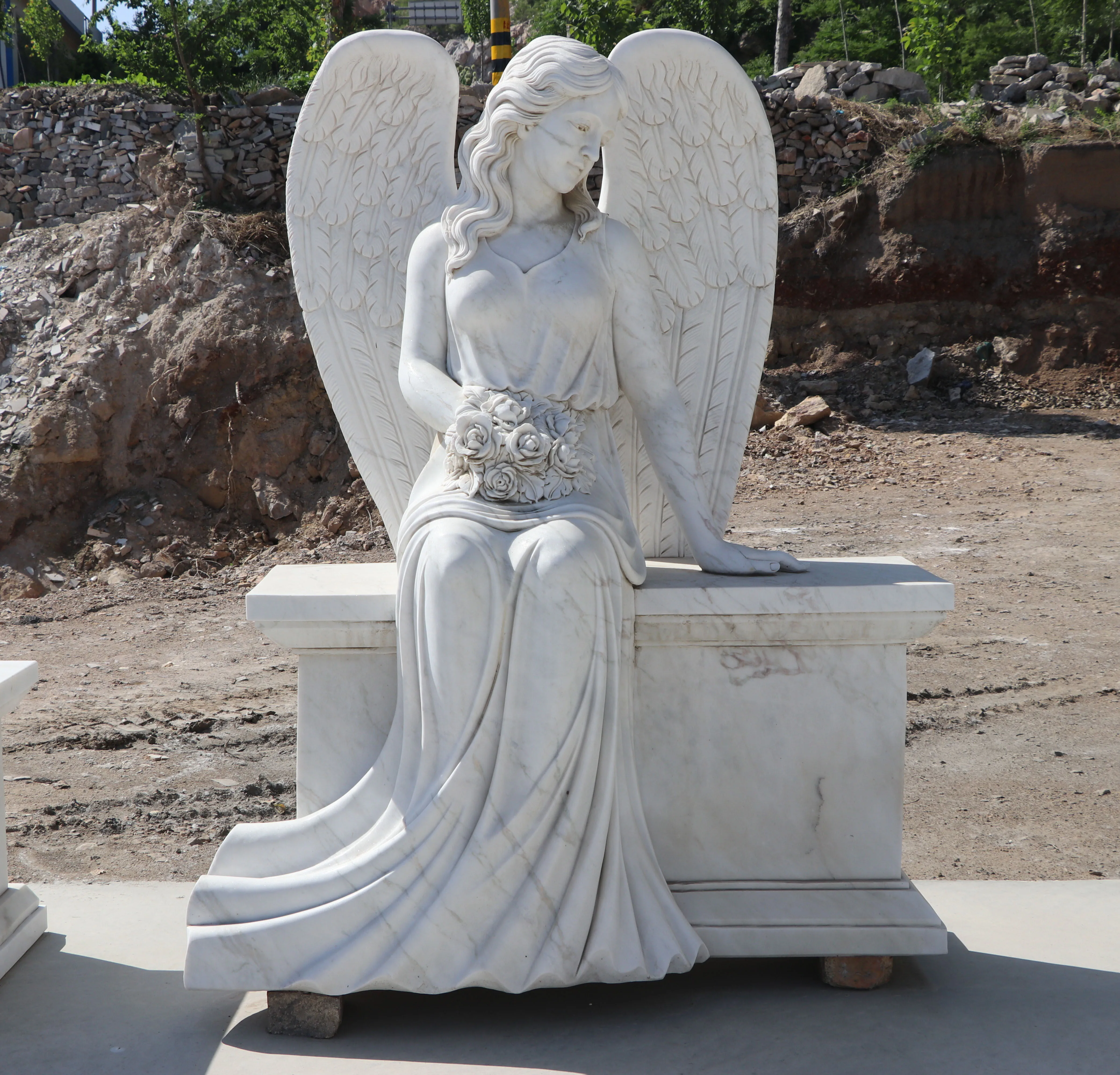 White Stone Sitting Angel Marble Cemetery Headstone Statue Sculpture Tombstone