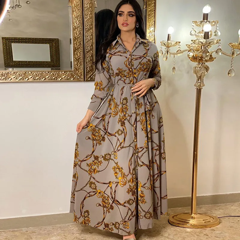 new model ladies smart Large Swing Middle East Muslim Indonesia Vintage Print Shirt Elegant Casual long Dresses for fat women