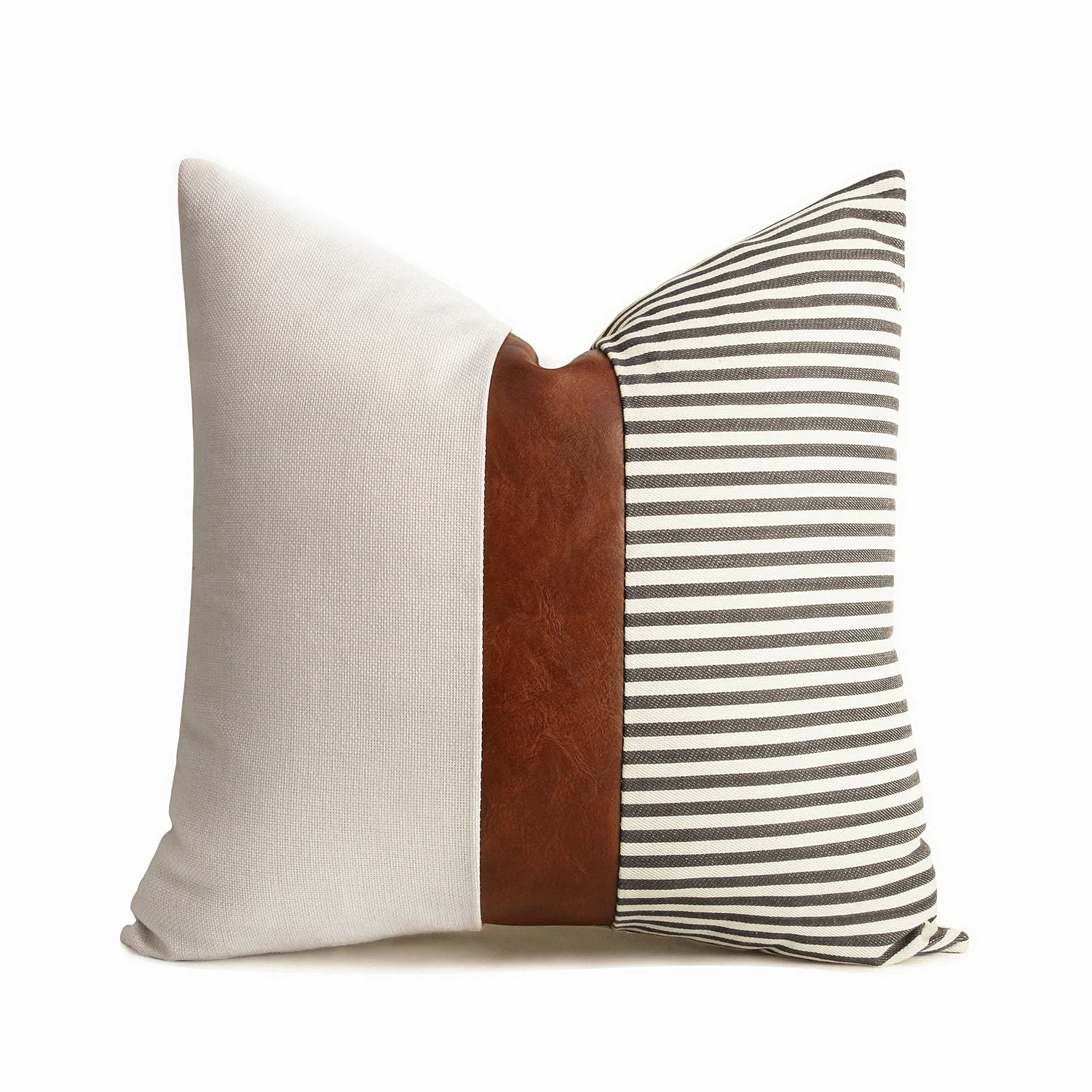 Pillow Covers Farmhouse Decor Stripe Patchwork Linen Throw Pillow Covers Modern Faux Leather Cushion Covers