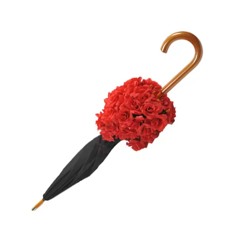 Vividly Rose Edge Straight Elegant Wood Umbrella Curved Handle Customized Logo