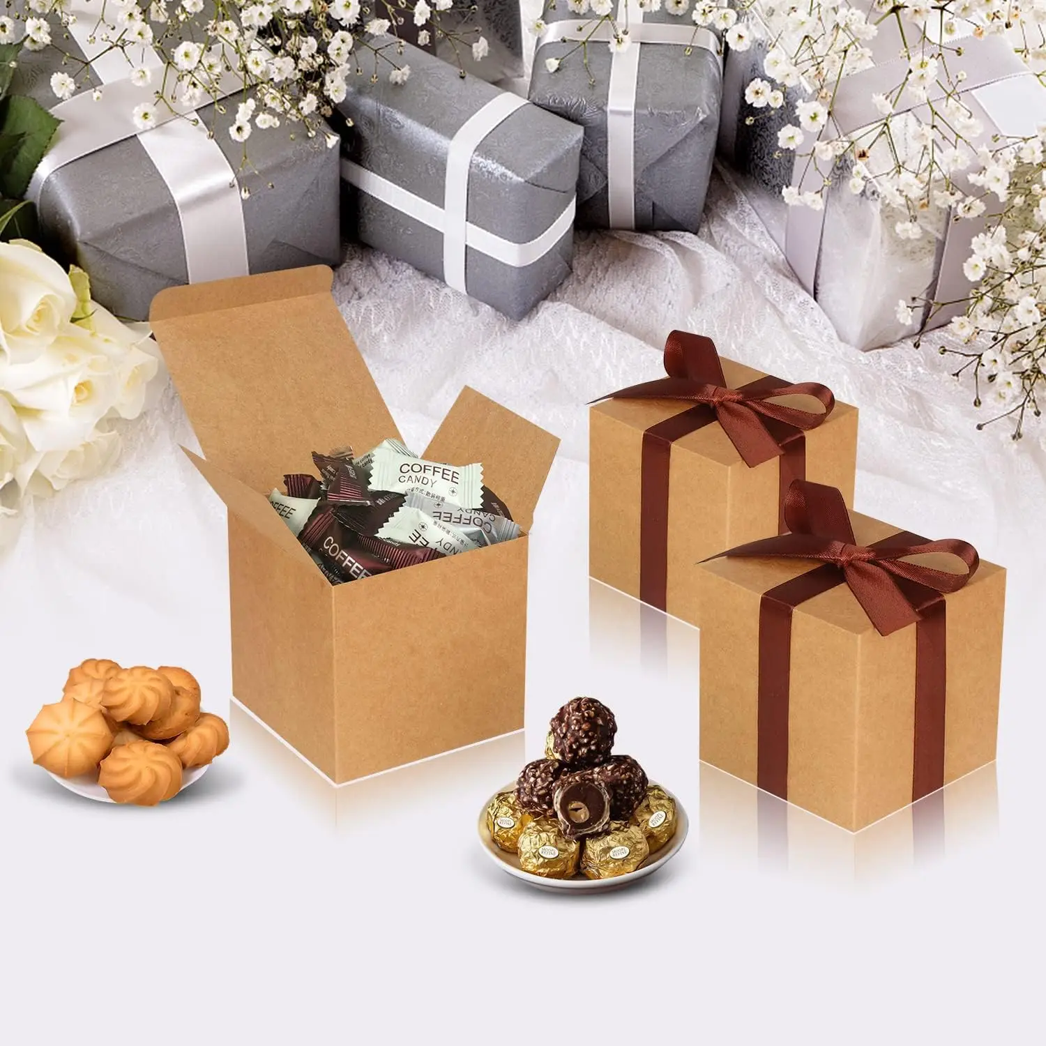 Custom Logo Printed Empty Folding Luxury Brown Paper Case Gift Package Candy Dessert Gift Box With Lid For Baking Decorative