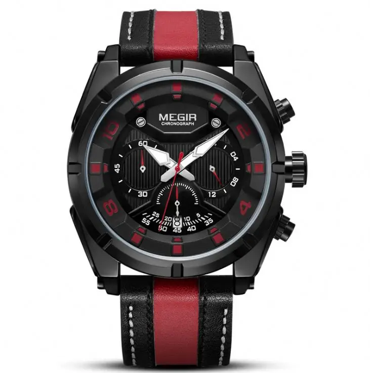 megir 2076 Hot Sale Man Chronograph Sport Watches Wristwatches Quartz leather red