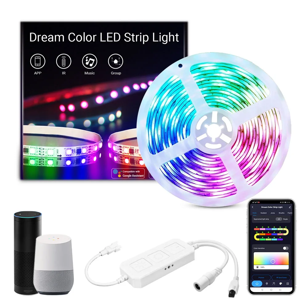
DC12V 5M 90LEDs Waterproof 5050 Dream Color LED Strip Light App Voice Control Multicolor For Christmas Holiday Party Club Decor 