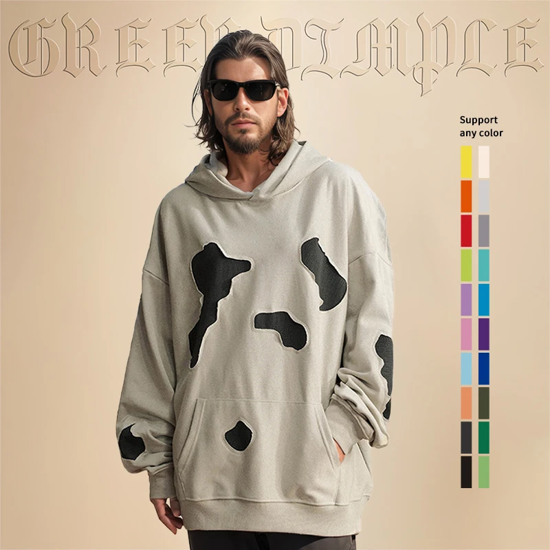 Green Dimple Custom 400 GSM Heavy Weight Thick Fabric Cut And Sew Vintage PU Leather Embroidery Patch Men Acid Wash Hoodie