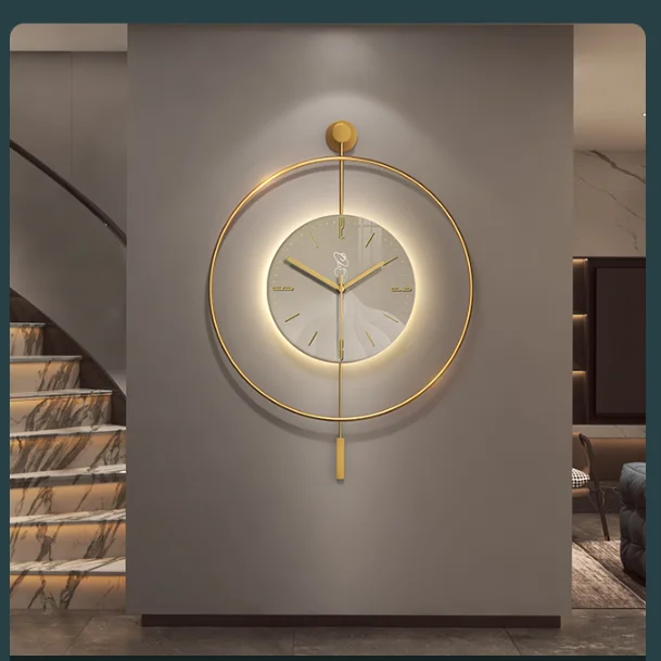 Modern Oversize Pendulum Wall Clock with LED Light round Metal Iron Art Simple Creativity Quartz Motive Living Room Placement