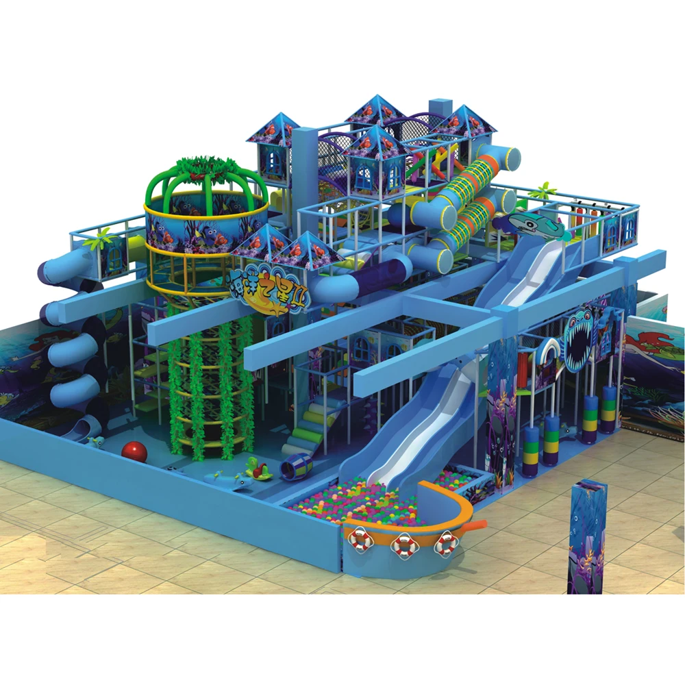 Dream kids children indoor blue ocean themed long twist slides spider tower tunnel trampoline playhouse playground equipment