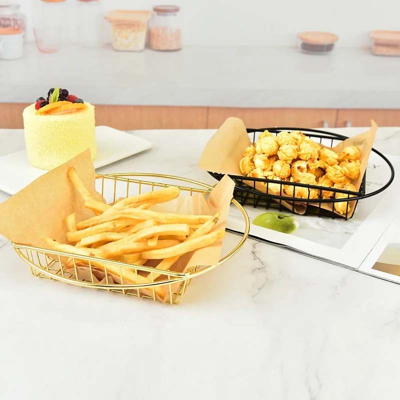 Wholesale Stainless Steel French Fries Basket French Fries Cone Basket Square Metal Gold Fry Basket