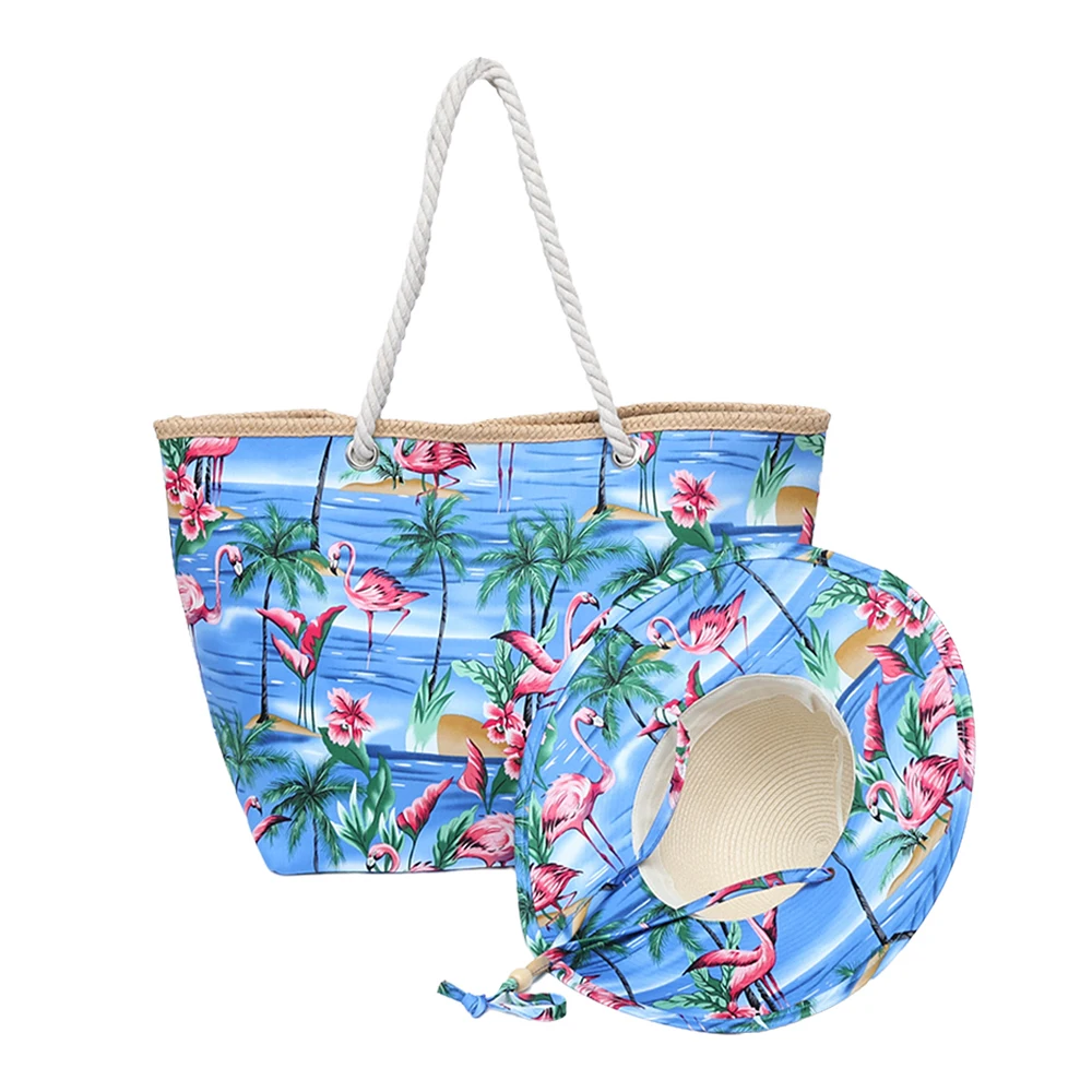 Custom Trendy Women Matching Design Printed Pattern Canvas Tote Bag Personalised Beach Girls Summer Beach Bag And Hat Set