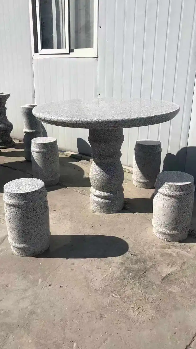 Chinese Factory Direct Cheap Grey Granite Stone Custom Design Round Table and Solid Cylindrical Shape Stone Seats for Garden