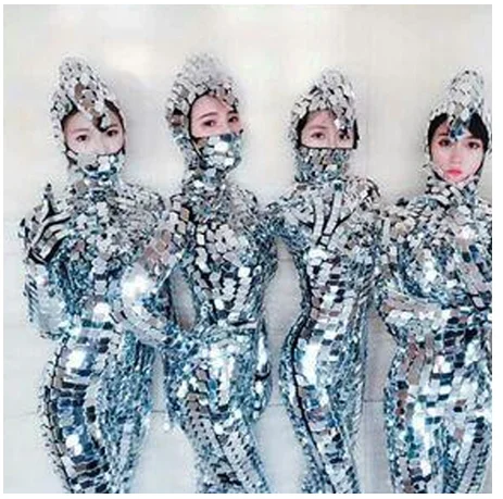 Mirror Reflective Clothing Suit Women Silver Mirror Jumpsuit Costumes Dance Props for Party DJ Club Show Dance Costumes