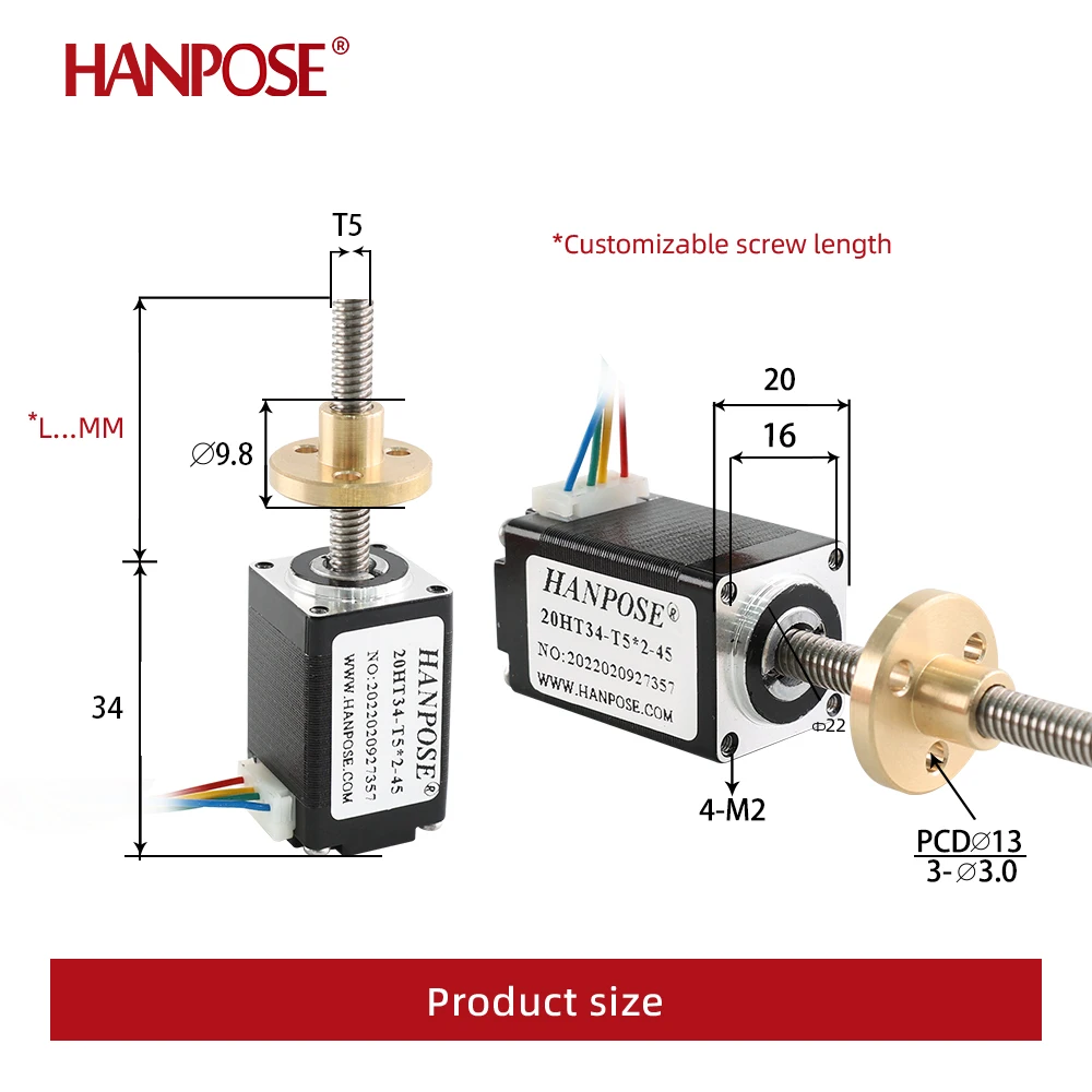 HANPOSE nema 8 stepper motor T5 screw  0.8A 0.021N.M 20HT34-T5*2 L100MM for CNC 3D printer screw trapezoid nema 8 mini motor
