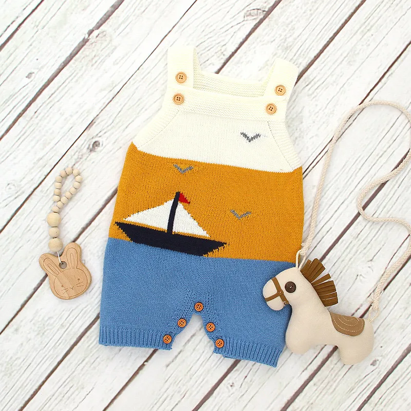 
OEM service wholesale cute new born baby clothes Baby Cartoon Boat Knitted Sling baby Romper 