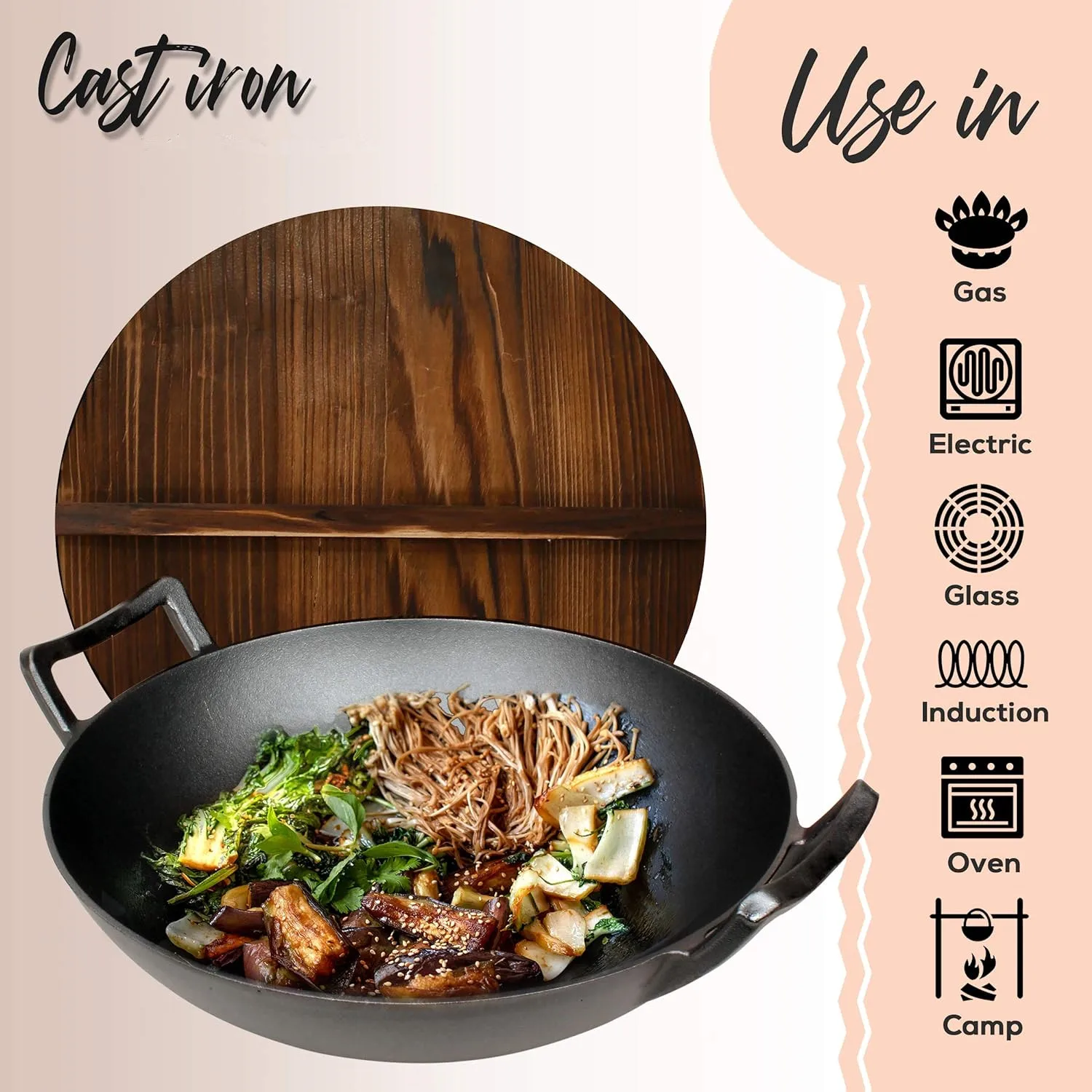 Best Price Black Non Stick Big Woks Cast Iron Pre Seasoned Wok With Double Ears Cast Iron Cookware Wok