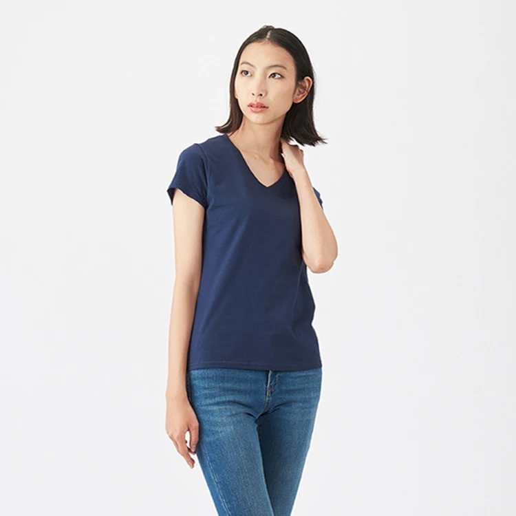 Wholesale 100% cotton fashion v neck logo custom embroidered tshirt women blank plain t-shirt printing