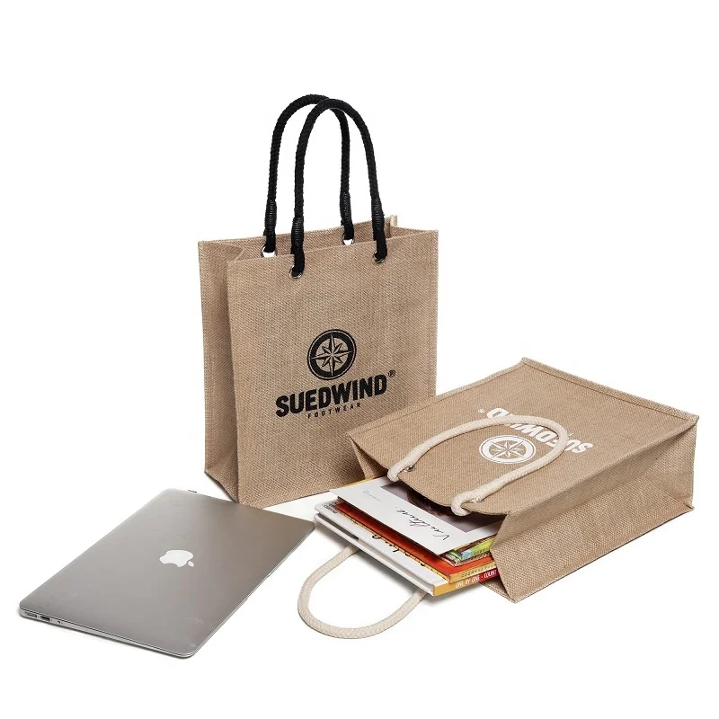 Wholesale high quality eco-friendly reusable foldable personalized PE laminated inside jute shopping bag