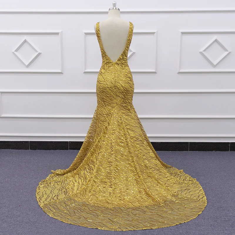 Eslieb SJ247 actual photo Sexy v-neckline Mermaid or Trumpet Shiny Gold lace Pakistani Bridal wedding Dresses