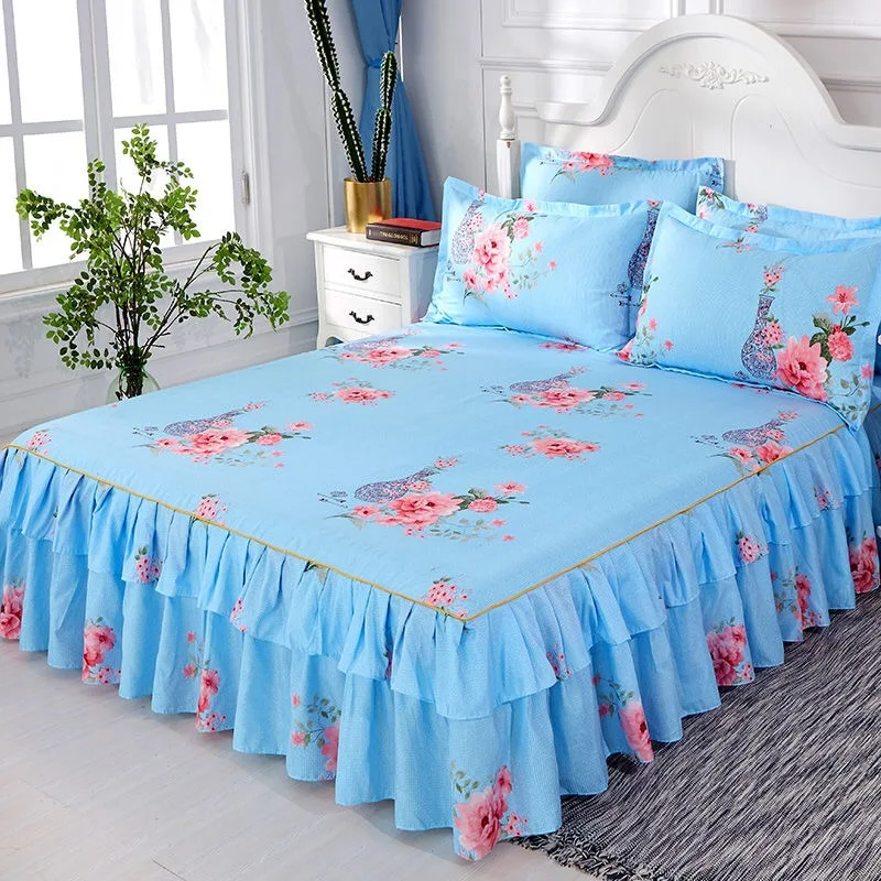 Bed Skirts Set Double Layer Bedspread Floral Printed Bed sheet Bilateral Bed Skirt + 2 Pair Of Pillowcase bedsheets