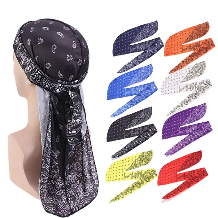 Wholesale Hip Hop Long Tail Designer 360 Waves Du Rags Bandana Paisley Durag Men Satin Silk Duragesic Cap