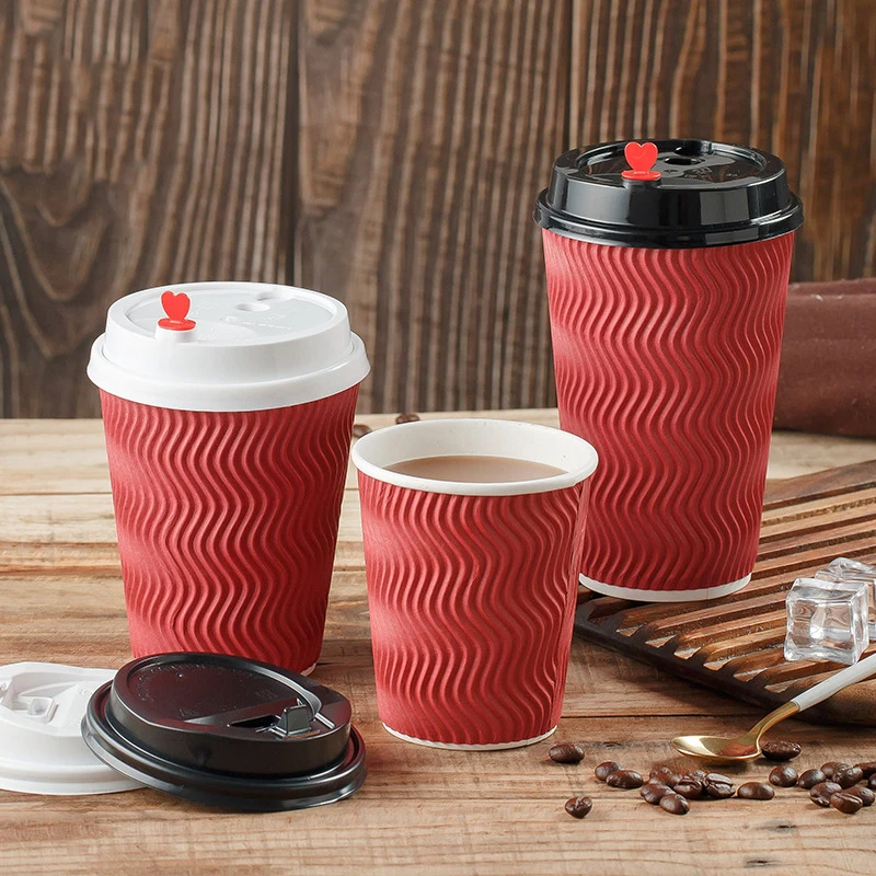 8oz 12oz 16oz Double Ripple Craft Paper Cups with Lid Sleeve Disposable Paper Coffee Cups for Industrial Use Stamped Embossed