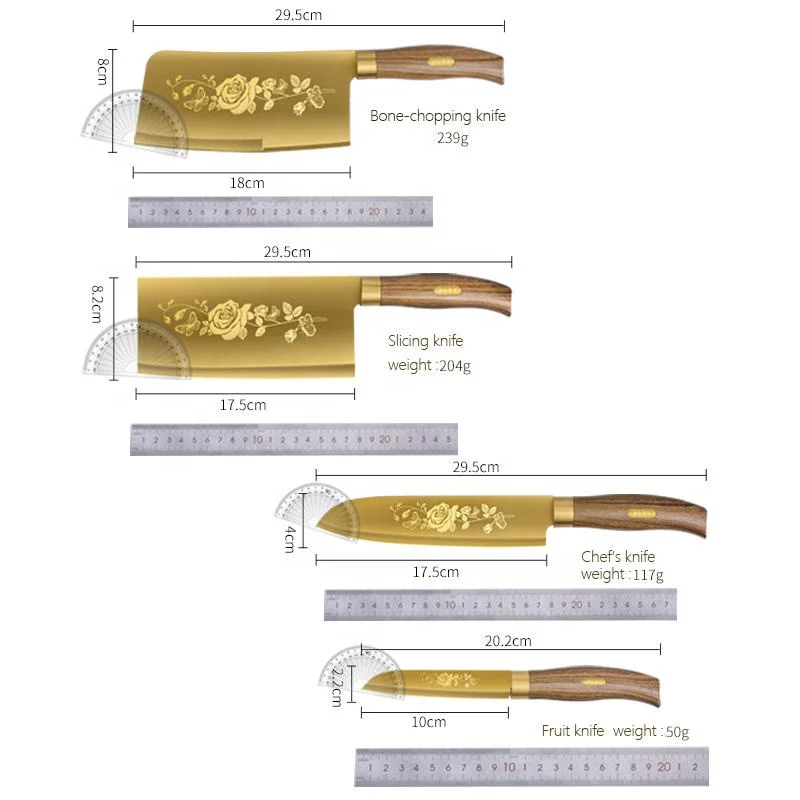 Wholesale Golden Kitchen Knife Set Stainless Steel Blade And Wood Grain Plastic Handle With Gold Titanium Coated Chef Knife Set