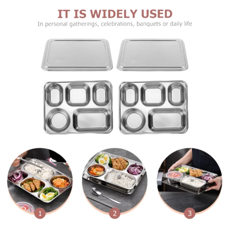 Premium Thickened Stainless Steel Dinner Plates Food Divider Dish Tray with Lid for School Canteen Restaraut Buffet Custom LOGO