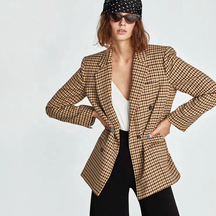 Новый модный двубортный приталенный деловой пиджак в клетку с отложным воротником для женщин