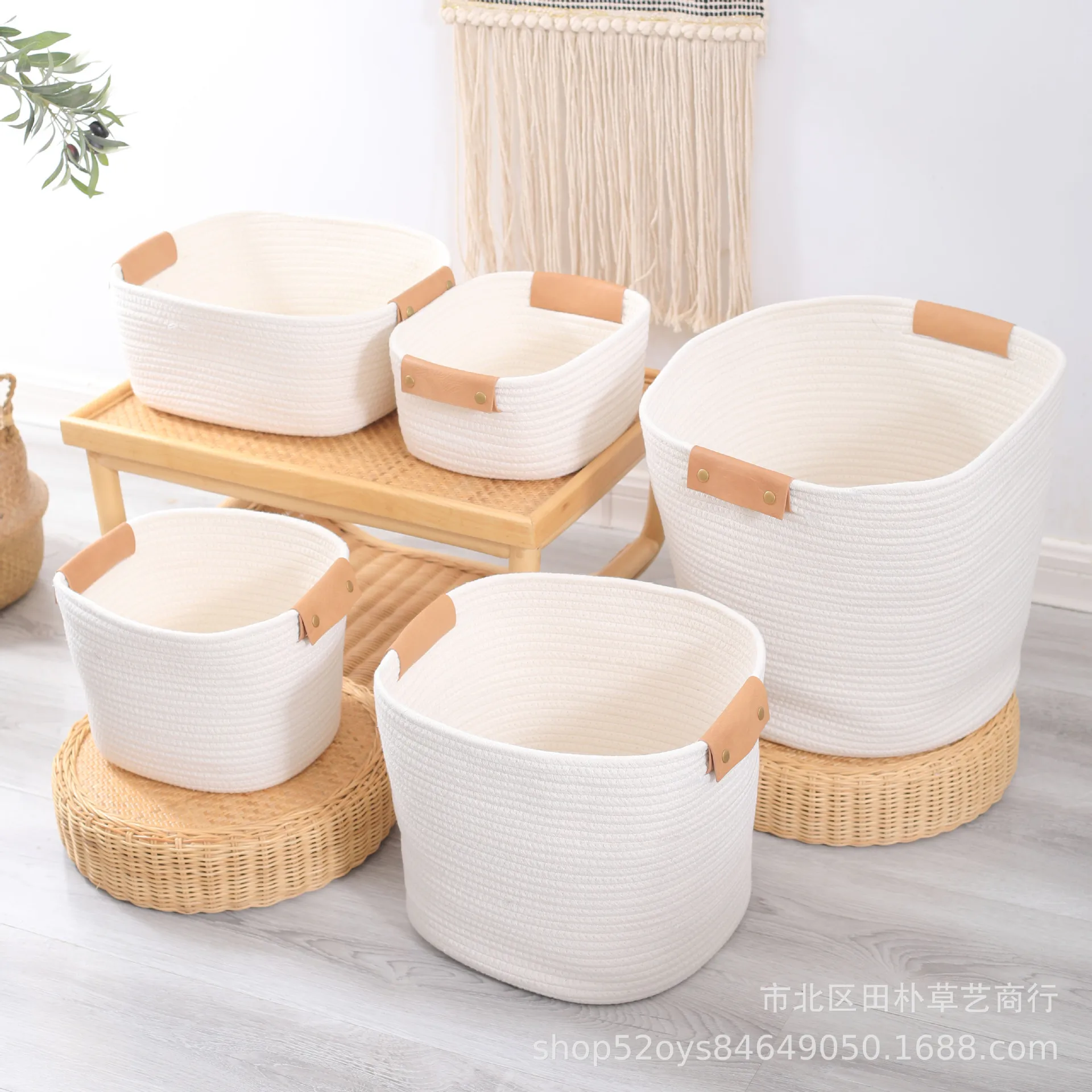 Wholesale Decorative fashion foldable Woven Laundry Cotton Rope storage Basket with Leather Handles