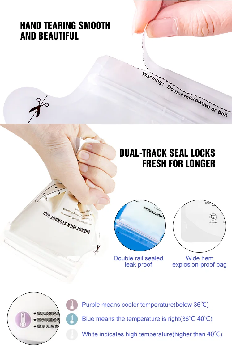 AIUDO Temperature Resistant Easy Tear Seal Double Sealing Chain Standing Base Accurate Capacity Pre-Sterilized Breast Milk Bag