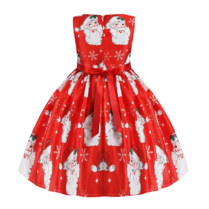 Hot Selling Vintage Dress Girls O-Neck Sleeveless Christmas Santa Claus Print Dresses Costumes For Girls